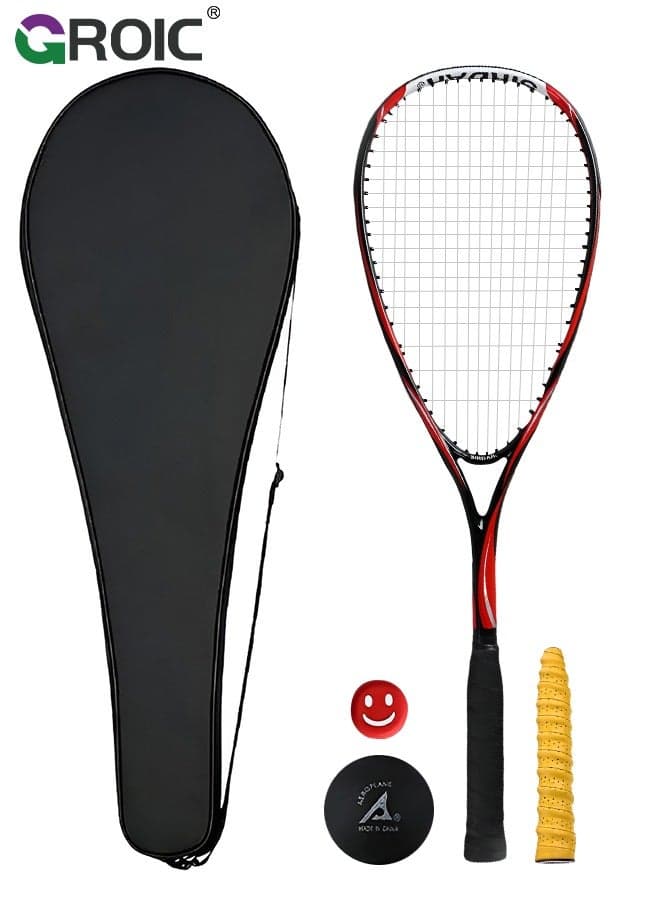 1 Pack Squash Racket Set for Adults, 27 Inch Squash Racket Squash Racket for Beginner and Professional with 1 Squash Balls, 1 Vibration Damper, 1 Handles Grips, 1 Squash Bag