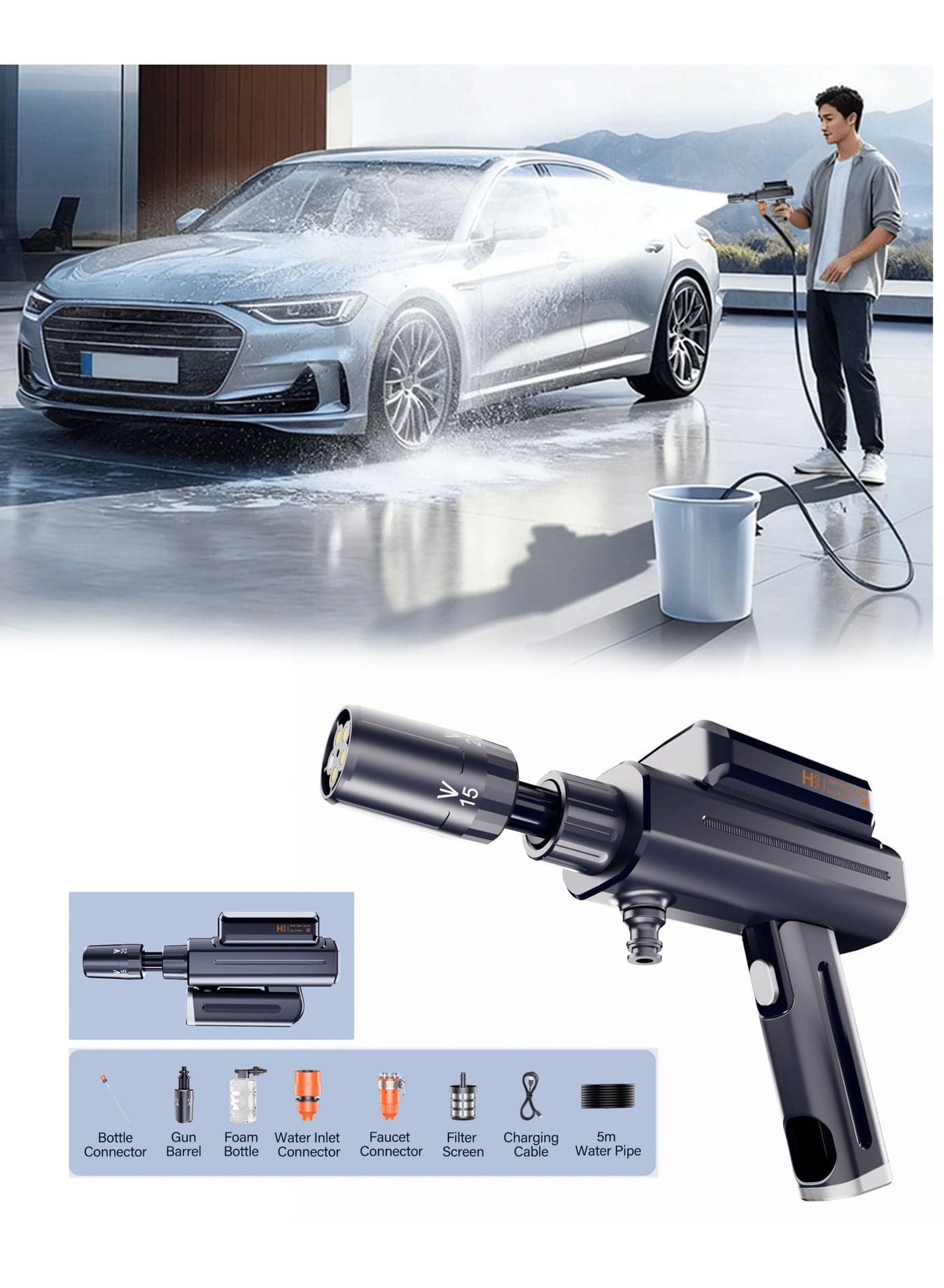 Powerful X9 Portable Cordless Pressure Washer 300 PSI – Silent Foldable Rechargeable Car Wash Jet Spray Gun with 5-in-1 Multi-Function Nozzle, 4000mAh Battery, Type-C Charging Cable, Foam Pot, 5M Hose, High-Pressure Power Washer Kit for Car, Bike, Garden, Home & Outdoor Cleaning