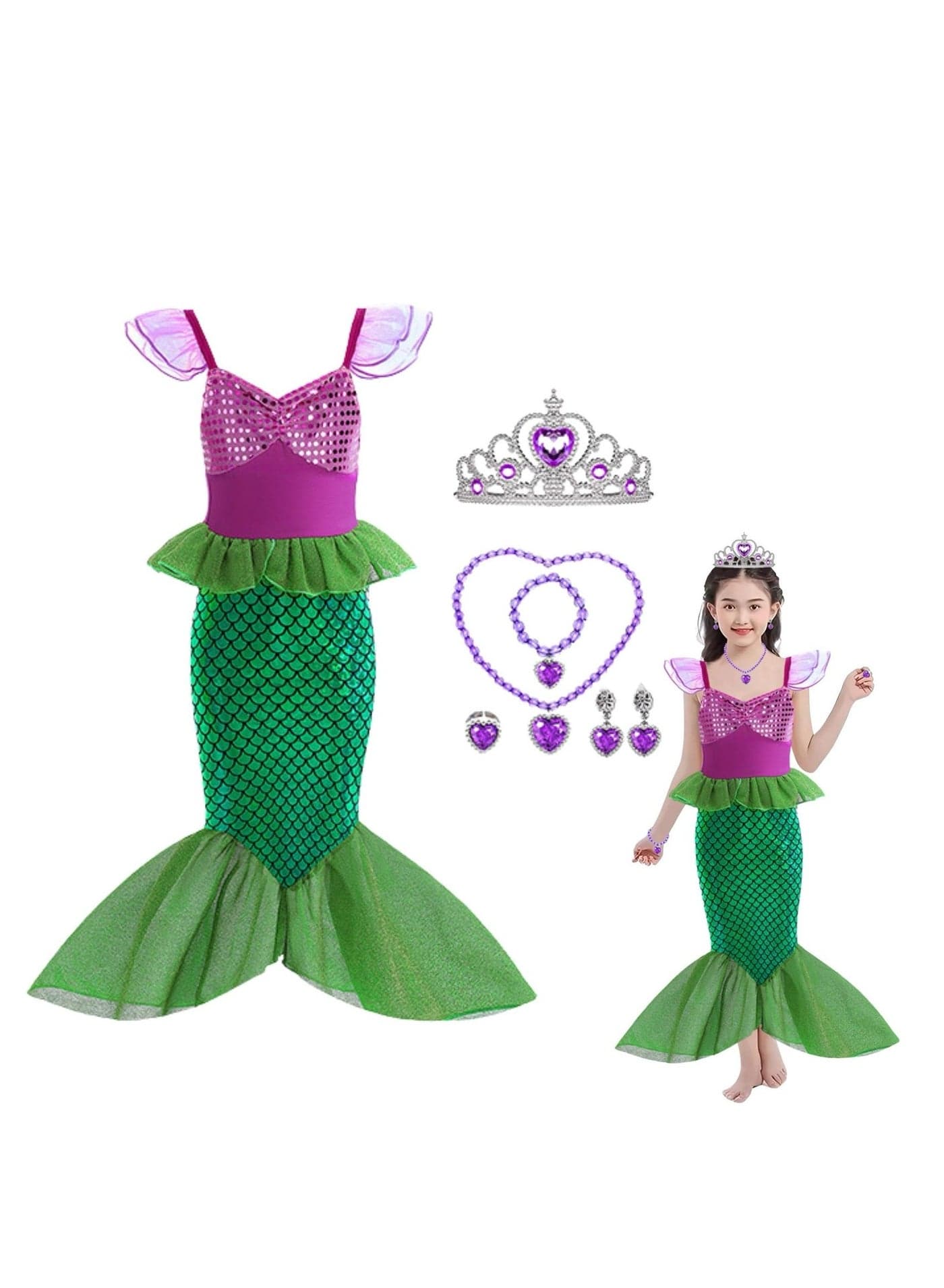 Home Smart Mermaid Princesses Queen Costume Dress for kid's Birthday Party Dress with Accessories Fairy-Tale Fancy Girl Dress for Party Favor and more.