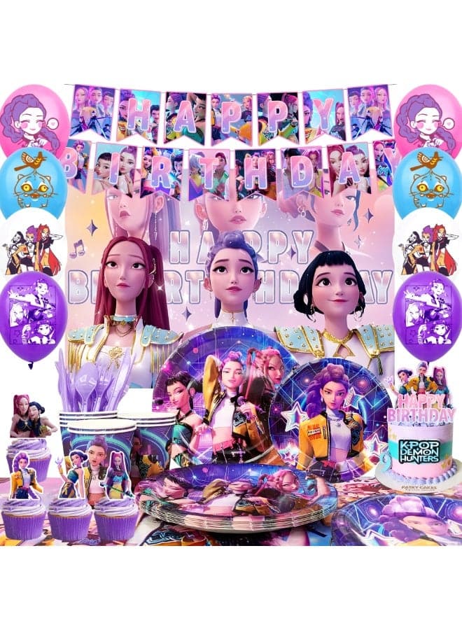 KPop Demon Hunters Birthday Party Decorations for 10 Guests, 112pcs HUNTR/X Party Tableware Set - KPop Demon Hunters Party Backdrop Balloon Banner Tablecloth Cake Toppers etc KPop Demon Hunters Party Decoration Supplies