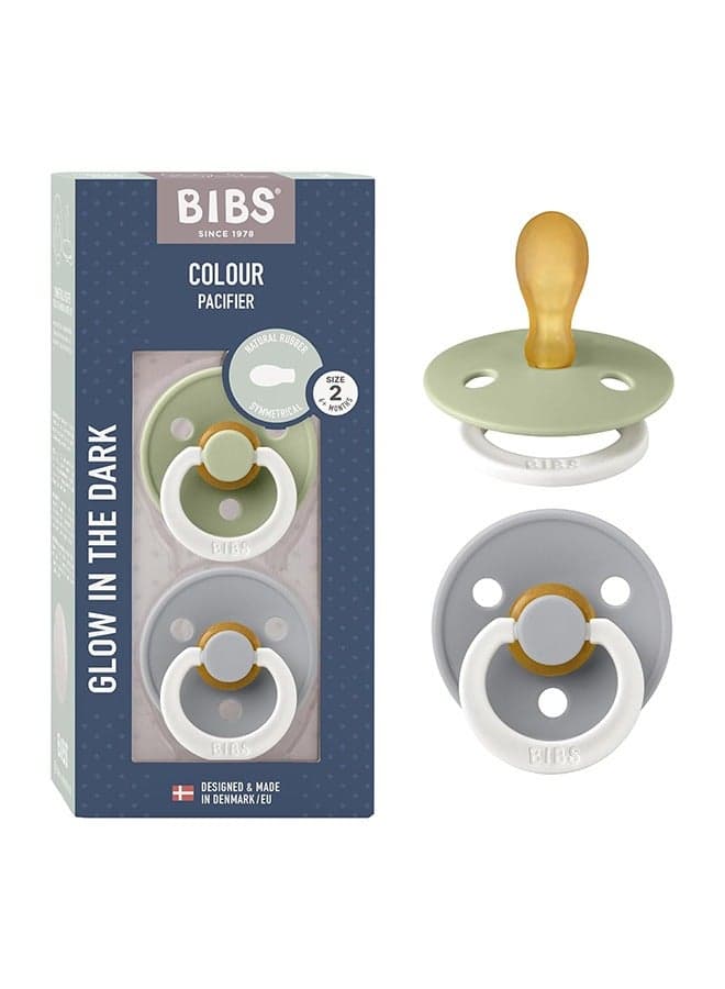 Pack of 2 Colour Symmetrical Glow Pacifiers Bpa Free, Glow In The Dark Symmetrical Natural Rubber/Latex, Made In Denmark. Size 2 6 To 18 Months , Sage Glow/Cloud Glow - Packaging May Vary