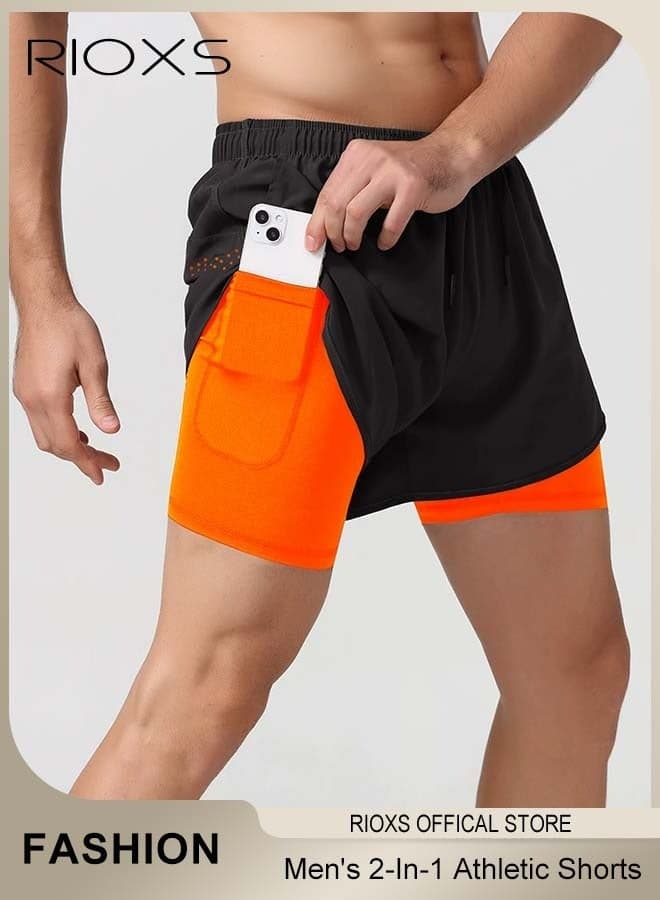 Men's 2-In-1 Athletic Running Shorts, Lightweight Sportwear Quick-Drying Shorts, Fitness Stretch Sports Shorts with Pocket, No Fading, No Deformation