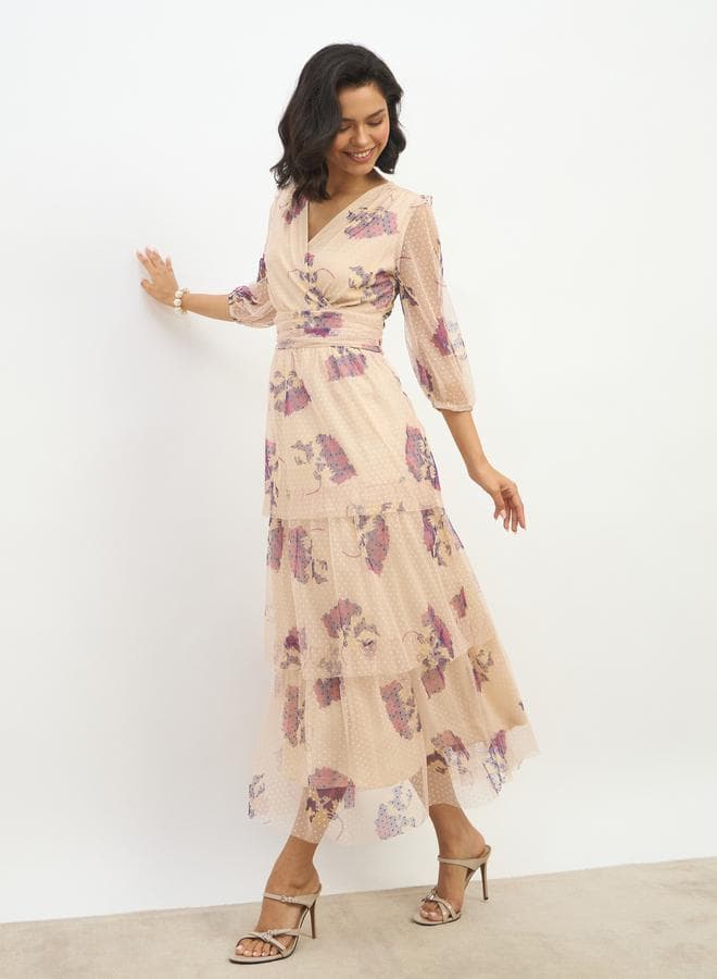 All-Over Floral Print V Neck Tiered Maxi Dress