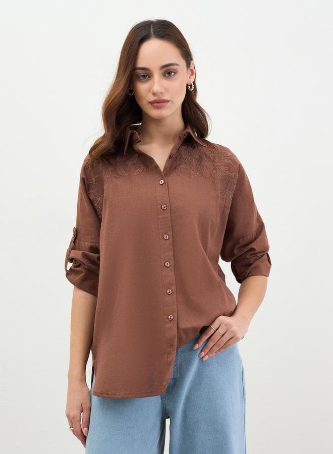 Brown Embroidered Longline Shirt