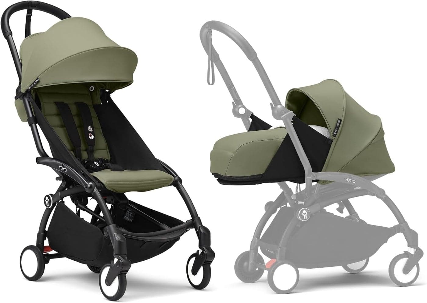 Stokke YOYO3 Complete Yoyo Stroller From Birth - Includes Black Frame + YOYO 6+ Color Pack + 0+ Newborn Pack - Olive