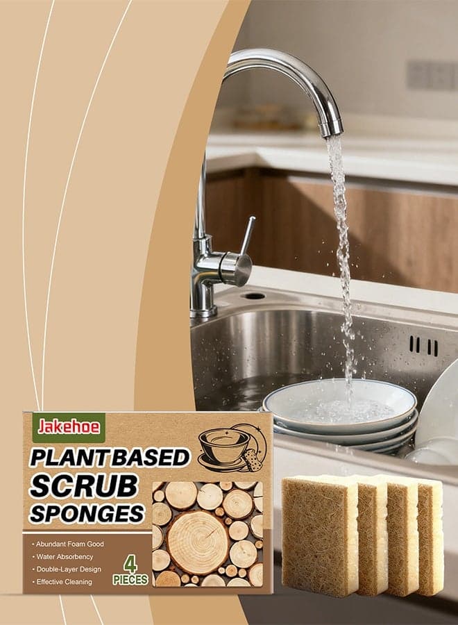 Natural Dish Sponge, 4 Count Plant-Based Biodegradable Kitchen Sponges for Dishes, Compostable Eco Friendly Sponges, Organic Cleaning Sponge Dish Scrubber Products for Household, Non Scratch