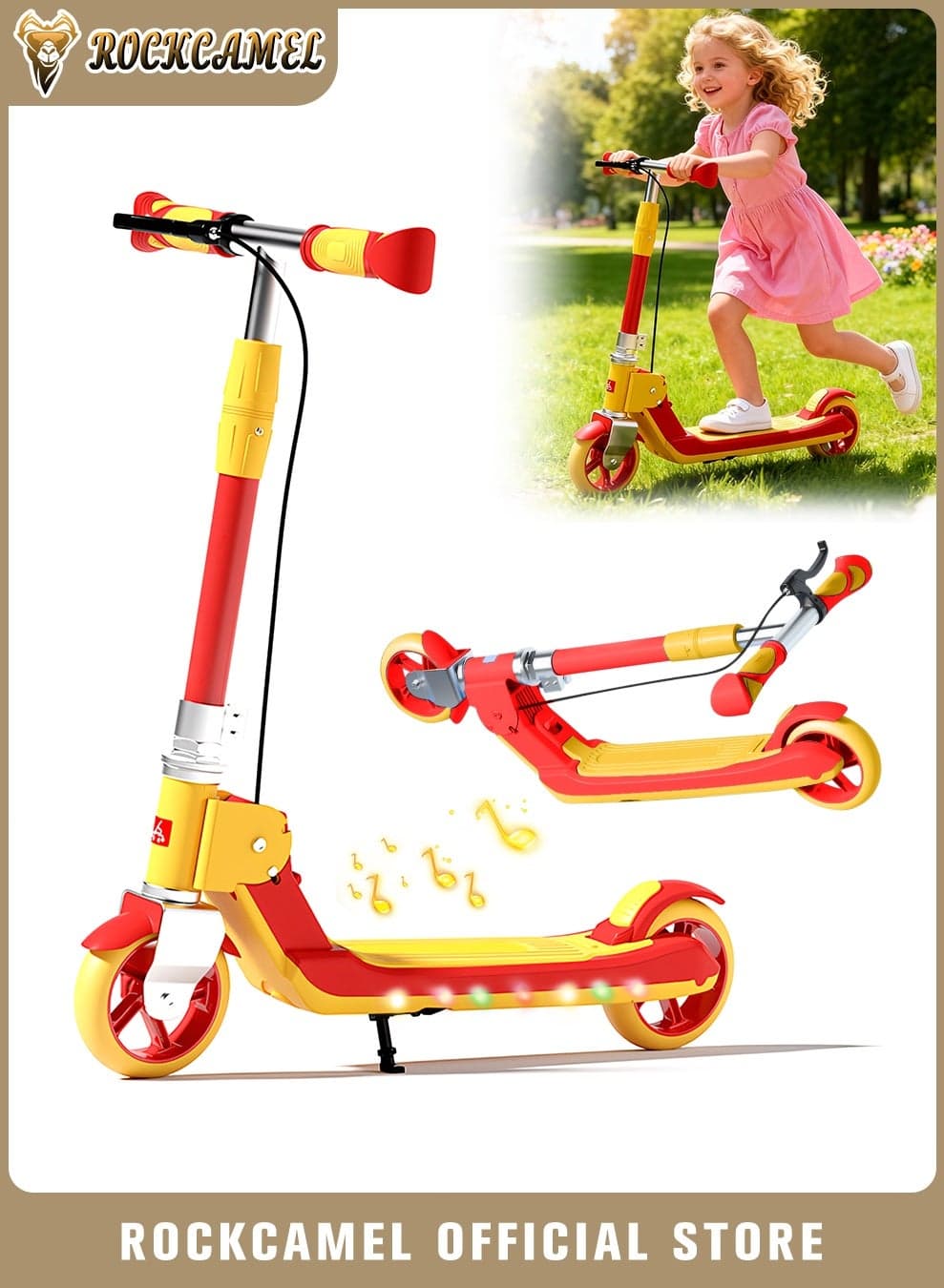 2-Wheel Kick Scooter with Dual Braking System, Foldable Lightweight Scooter with Music, LED Lighted Wheels and 5-Level Adjustable Height Handlebars, Push Scooter for kids 5-18 Years, Up to 100kg, Red