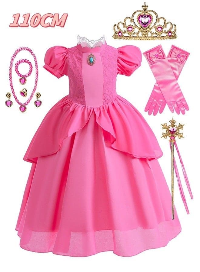 Princess Dress Set with 7 PCS Accessaries, Gorgeous Princess Costume with Puff Sleeves, Elegant Princess Dress Up Costume for Girls, Great for Fancy Dress Parties, Birthdays, Prom Outfits and Cospla(110CM)