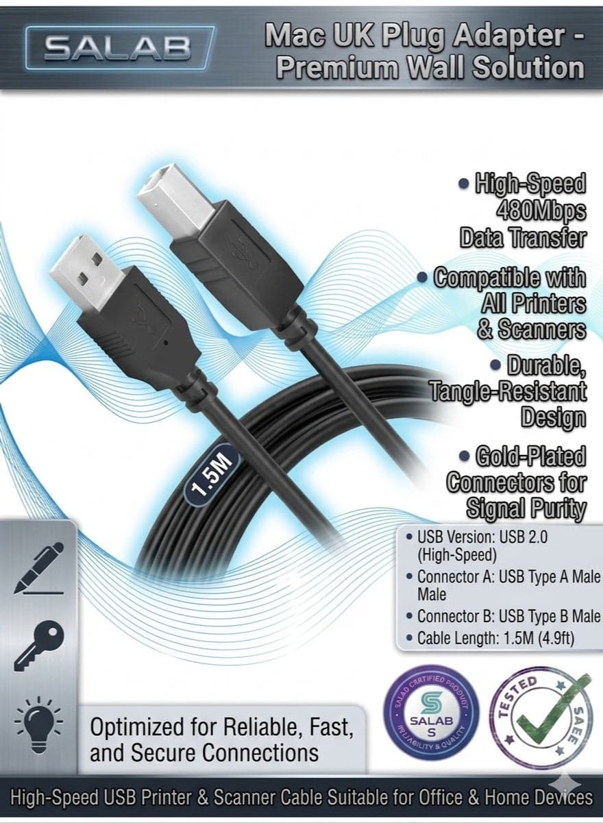 Printer Cable USB High-Speed Cable for All USB Port printers & Scanner 1.5M
