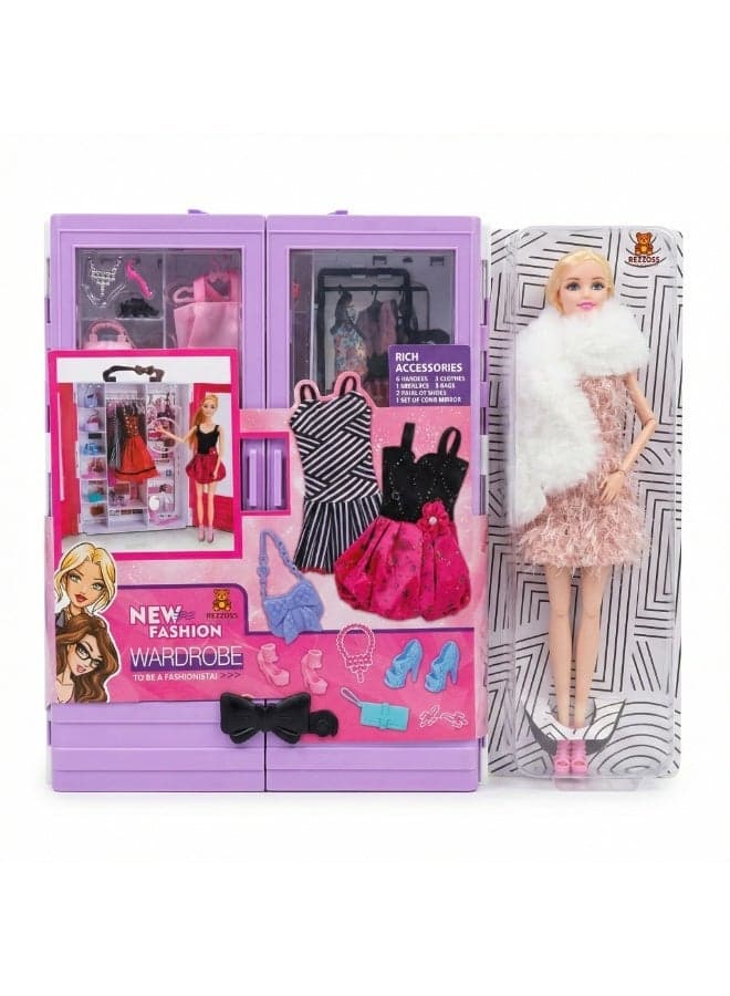 New Fashion Doll & Ultimate Closet Wardrobe Playset – Over 15 Clothes, Dresses & Accessories with Barbie Doll | Poseable Girl Doll with White Fur Stole & Purple Storage Trunk | Dress Up Pretend Play Toy | Best Birthday Eid Ramadan Christmas Gift for Girls