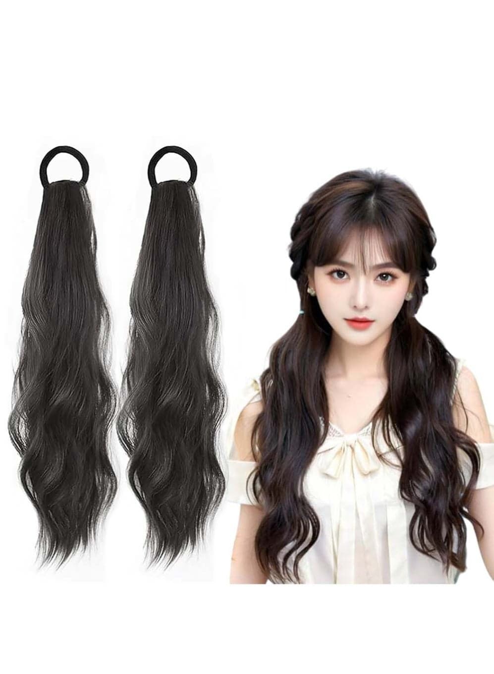 Curly Ponytail Extension with Hair Tie,Natural Black,Synthetic Hair Pieces, 16 Inch Wave, Fake Ponytail Wigs, Accessories