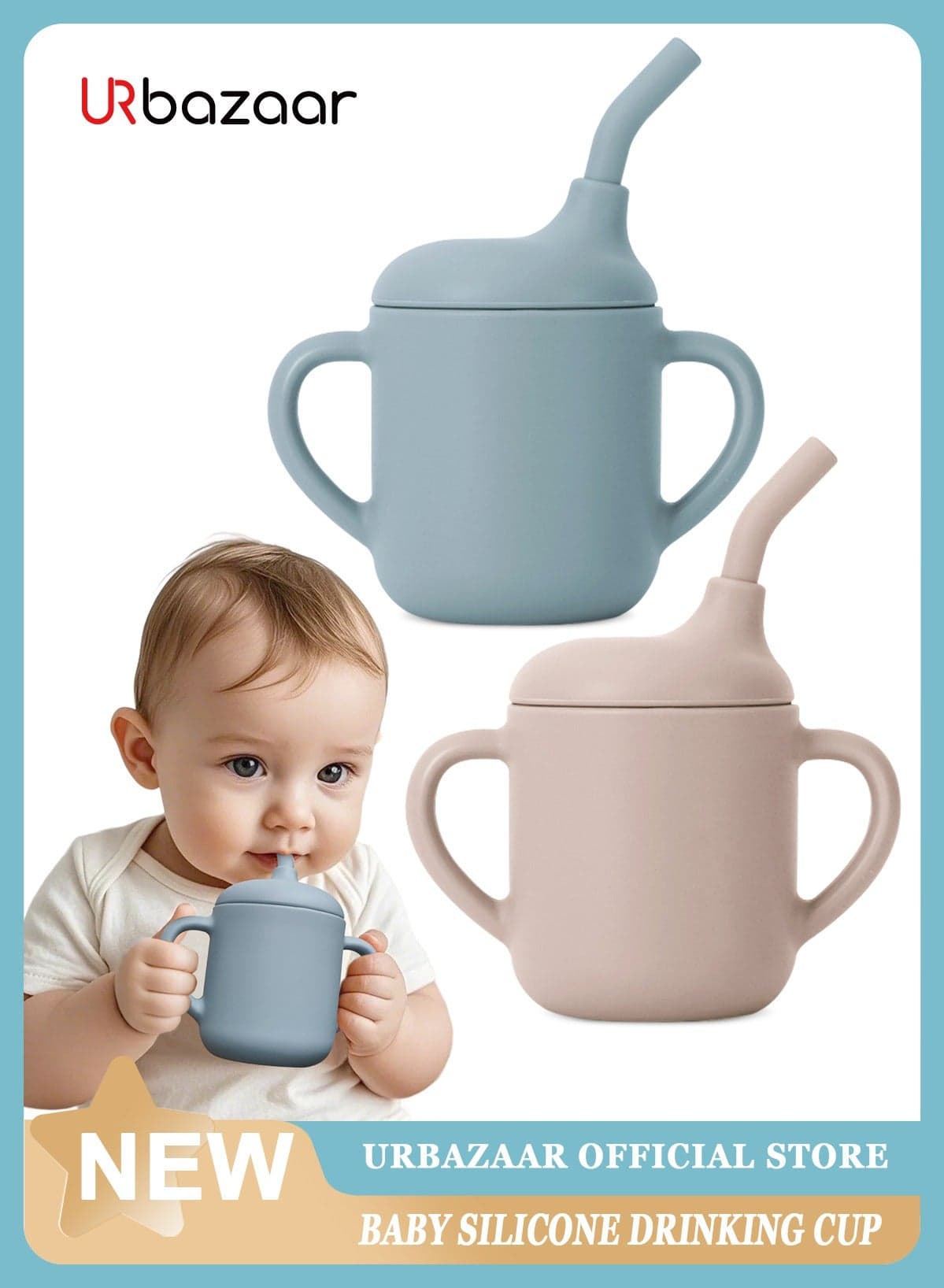 2 Pack Baby Training Cup 180ml, Silicone Sippy Cup with Handles, Lid and Straw, Spill Proof and Non-Slip Straw Cup for Babies and Toddler