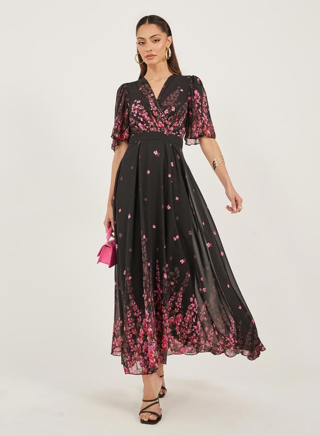 Floral Print Flared Sleeves A-Line Maxi Dress