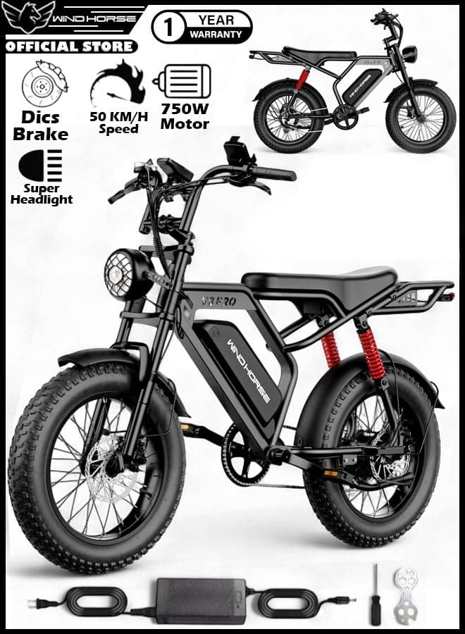 V8 PRO Electric Bike – 750W Gear Hub Motor, 48V 16.6AH Battery, 50KM/H Speed, 45KM Range, 20-Inch Fat Tires, Dual Suspension, Shimano 7-Speed, Carbon Alloy Frame, Dual Disc Brakes
