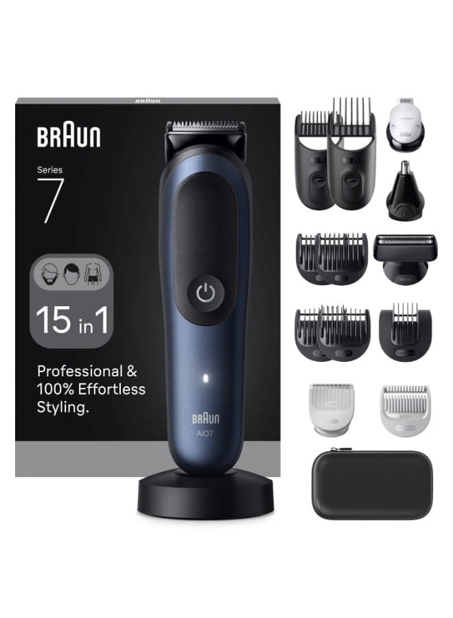 Braun All-in-One Series 7, 15in1 Grooming Kit, Charging Stand, ProBlade, AIO7580 Metallic Dark Blue