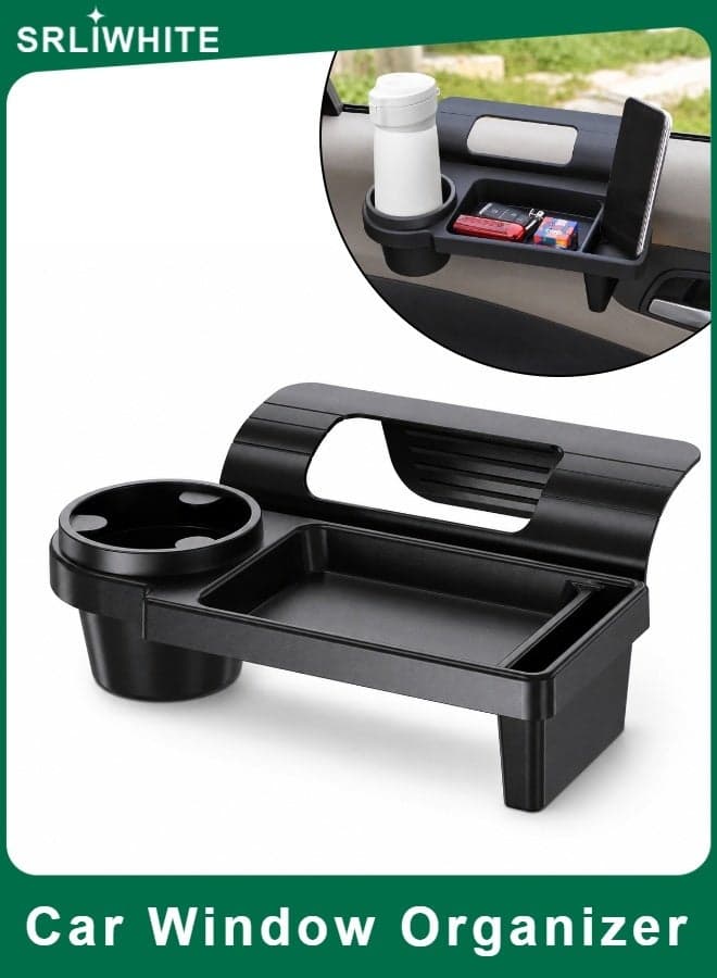 Car Window Cup Holder Organizer, Hanging Car Door Drink Holder with Storage Tray and Vertical Phone Slot, Black Auto Door Organizer for Bottles, Cups, Keys, Coins, Cards, Tissues
