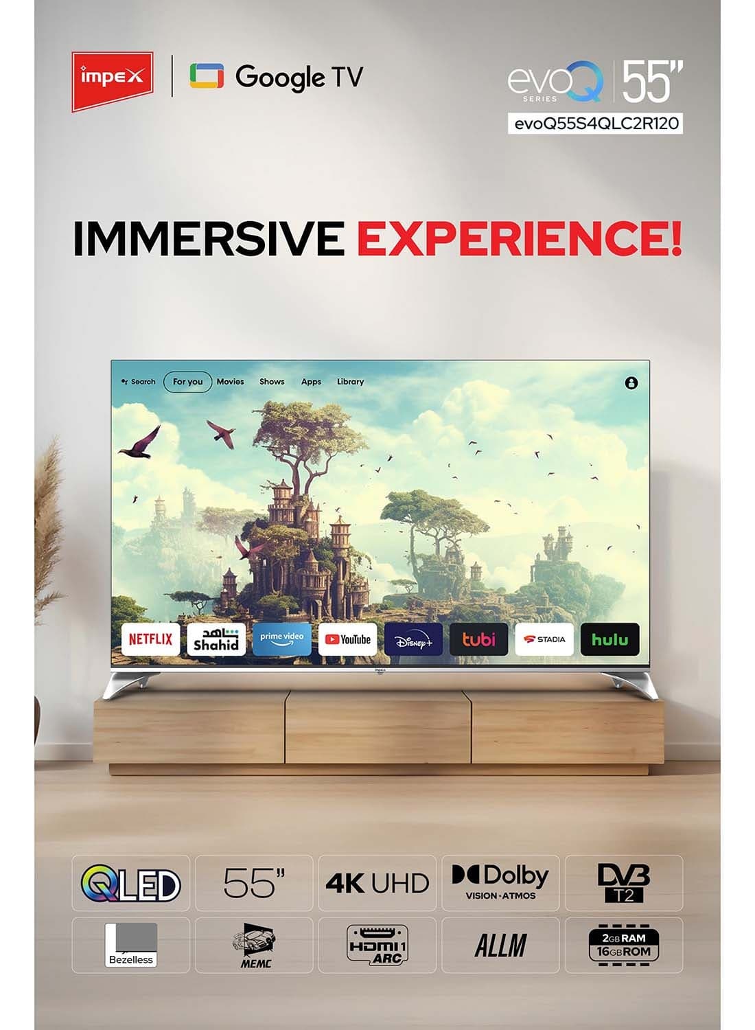 55 Inch QLED Smart TV 4K Ultra HD, Google TV with Voice Remote & Google Assistant, 120Hz DLG, Dolby Vision And Atmos, 2GB RAM+16GB ROM, ALLM, 2 HDMI ARC/eARC, DVB T2 S2, Wall Mount Included, Gaming Ready, Bluetooth, WiFi, Optical - 2 Year Warranty, evoQ 55S4QLC2R120 Black evoQ 55S4QLC2R120 Black
