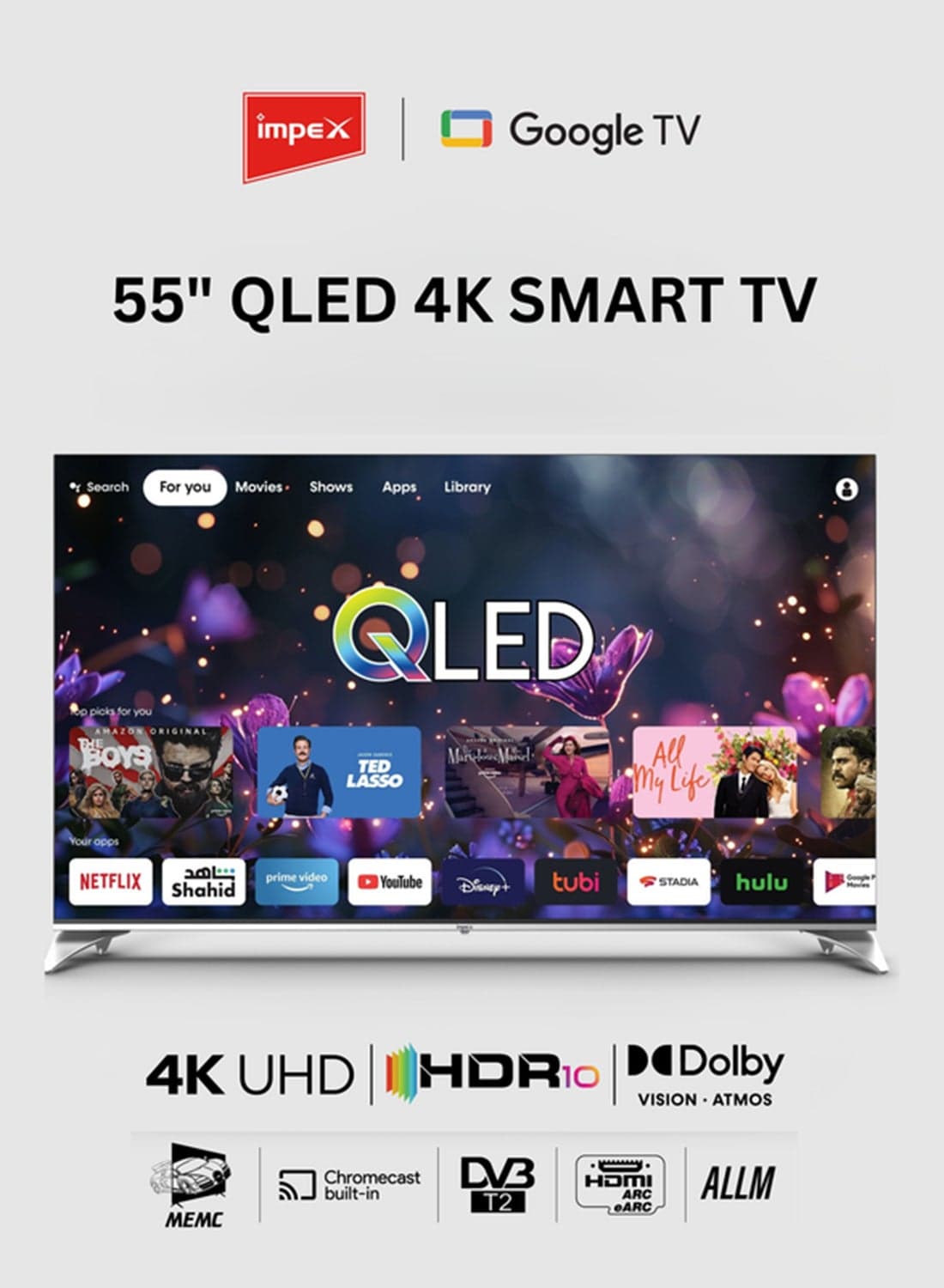 55 Inch QLED Smart TV 4K Ultra HD, Google TV with Voice Remote & Google Assistant, 120Hz DLG, Dolby Vision And Atmos, 2GB RAM+16GB ROM, ALLM, 2 HDMI ARC/eARC, DVB T2 S2, Wall Mount Included, Gaming Ready, Bluetooth, WiFi, Optical - 2 Year Warranty, evoQ 55S4QLC2R120 Black evoQ 55S4QLC2R120 Black