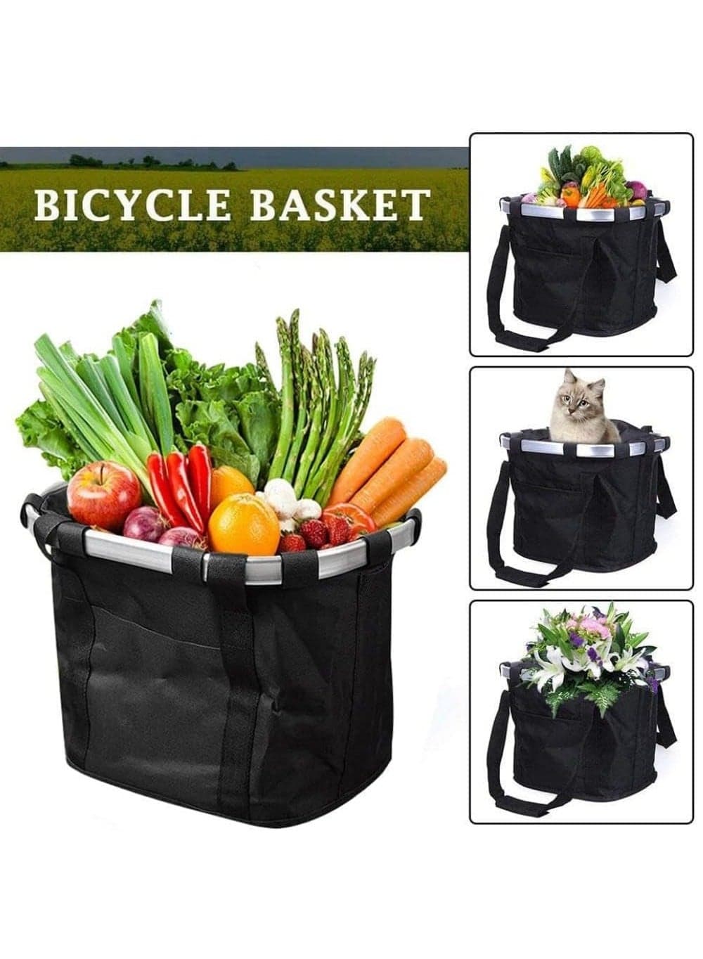 Foldable Bicycle Basket, Removable Black Bicycle Handlebar Front Basket For Pet Carrier, Grocery Shopping, Outdoor Camping 33*22*25 cm