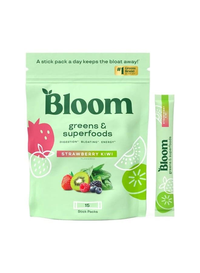 Greens and Superfoods Powder Packets for Digestive Health, Greens Powder, Digestive Enzymes, Probiotics, Spirulina, Chlorella for Bloating & Gut Support, 15 Stick, Strawberry Kiwi