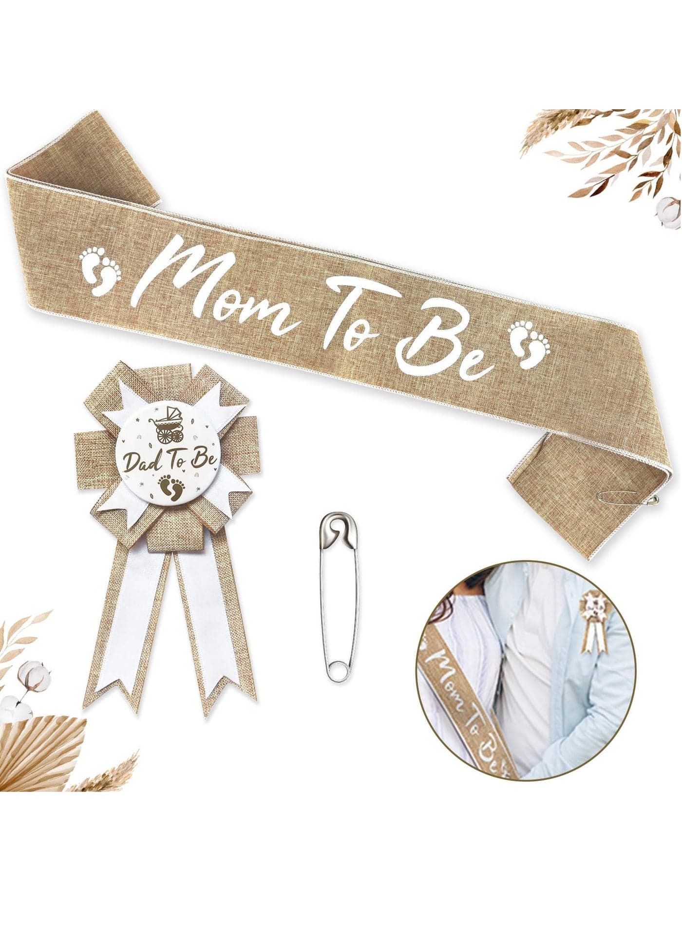 Baby Shower Neutral Burlap Mom to Be Sash Rustic Boho Baby Gender Reveal Sash Baby Shower Tinplate Badge Pin Mommy Sash And Daddy to Be Badge for Gender Reveal and Baby Showers Decorations