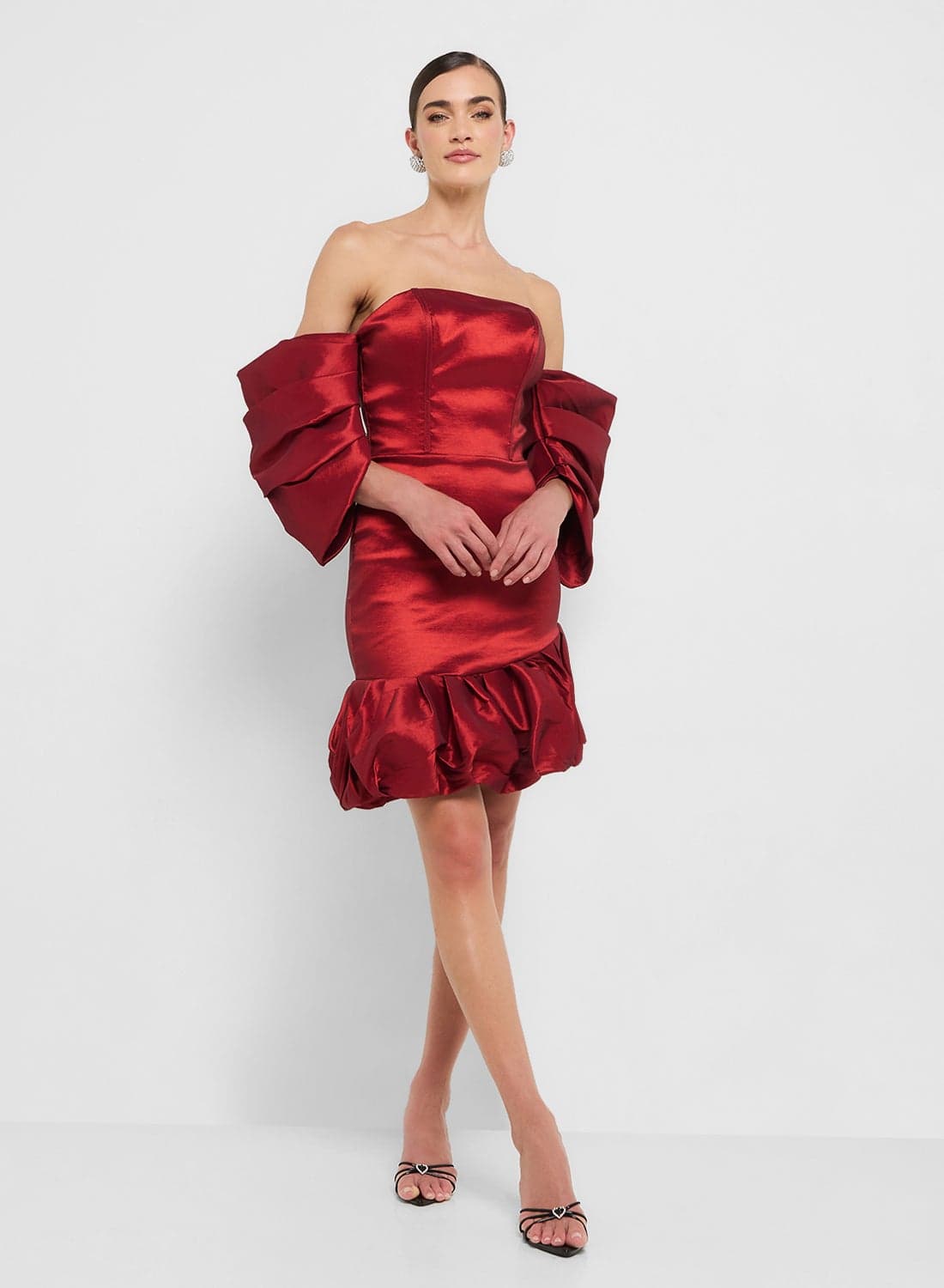 eclat luxe off shoulder exaggerated sleeves dresss with ruffle hem