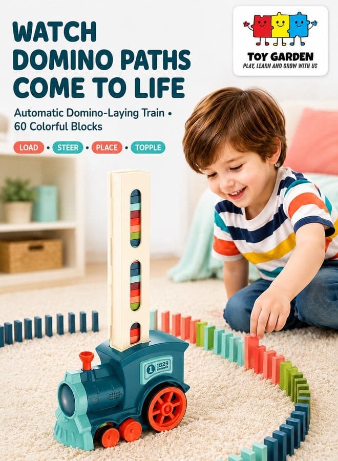 Kid's Domino Train Blocks Set- 60 Pieces, 3-8 Year Old