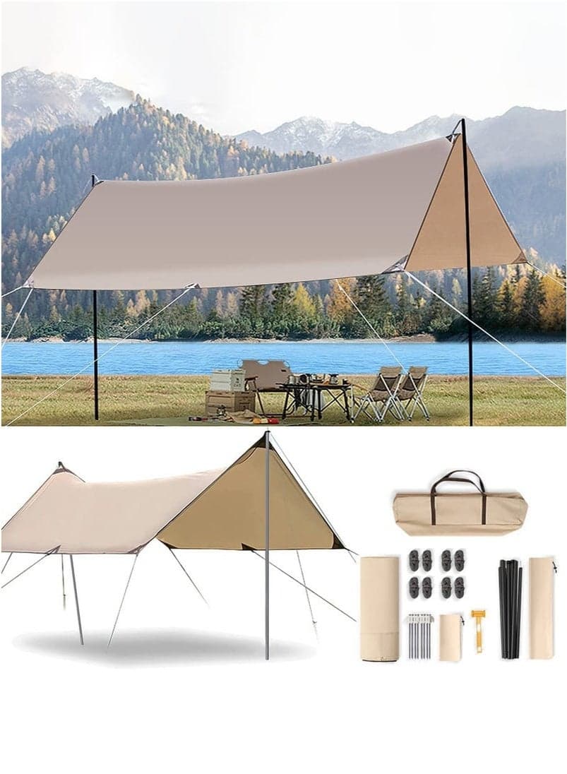 Camping Tent Tarp Sun Shelter Canopy Beach Sunshade with Poles, 4-6 Person PU 3000mm Lightweight Awning Canopy Sun Shelter For Outdoor Camping Fishing Backyard Picnics Pool