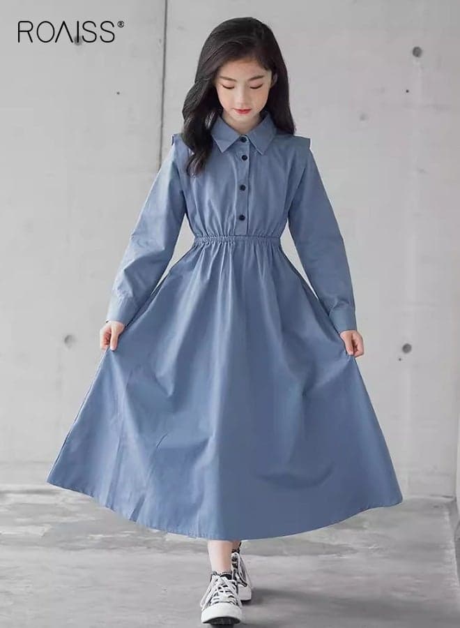 Girls Solid Shirt Dress, Stylish A Line Dress for Girls, Long Sleeve Button Down Frock with Shirt Collar, Suitable for Daily Wear or Any Occasion