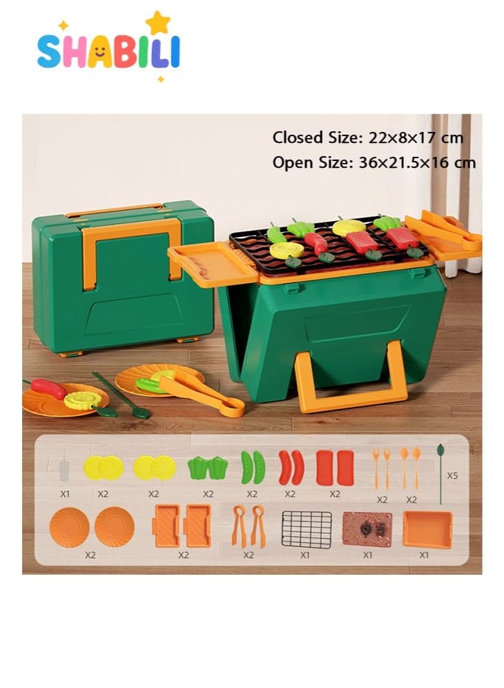 Kids BBQ Grill Playset with Portable Carry Case and Mist Spray Lights, ABS Plastic Barbecue Toy for Boys Girls Pretend Play and STEM Learning, Perfect Birthday Gift for Parties Holidays Travel (Green Orange)