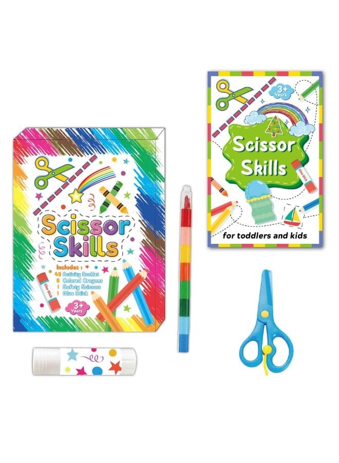 Paper Cut-Out Book Set for Kids | Includes 48 Activity Booklets, Safety Scissors, Glue Stick & 8 Crayons | DIY Paper Cutting & Pasting Craft Kit for Kids Age 3+ | Creative Montessori Art Activity