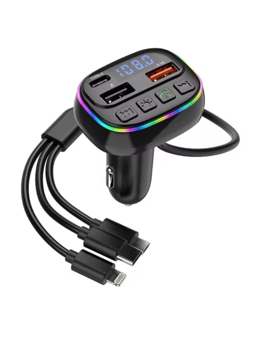 Car FM Transmitter 60W with Dual USB Fast Charger, 3-in-1 Built-in Charging Cables (Type-C, Micro-USB, Lightning), Hands-Free Calling, Wireless FM Radio Music Player, LED Display for All Cars (Multi-colour)