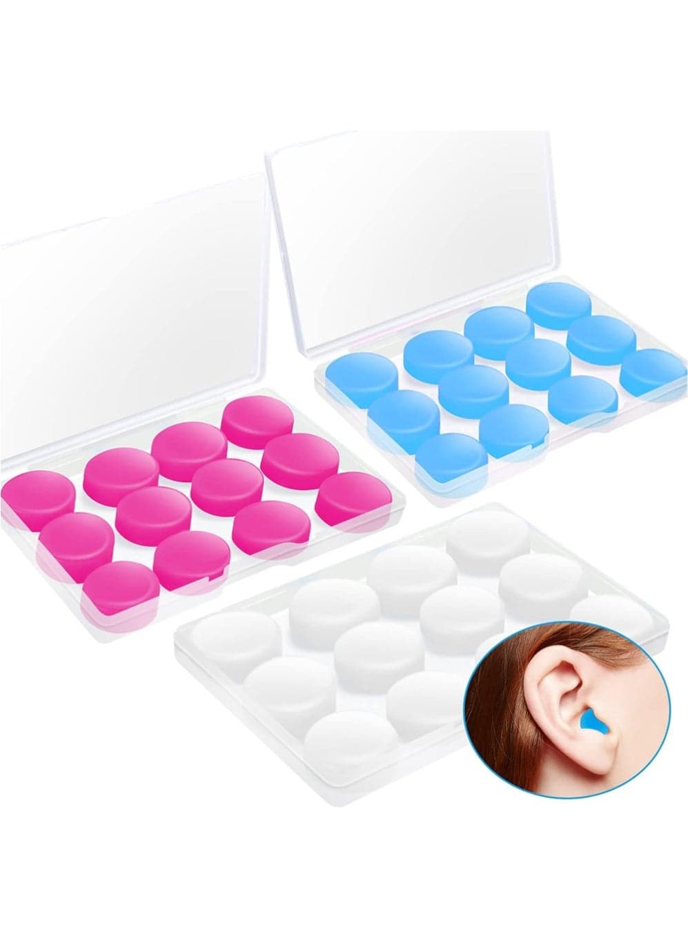 18 Pairs Ear Plugs for Sleeping Swimming Moldable Soft Silicone Waterproof Earplug Reusable Travel Noise Cancelling Earplugs White Blue Pink