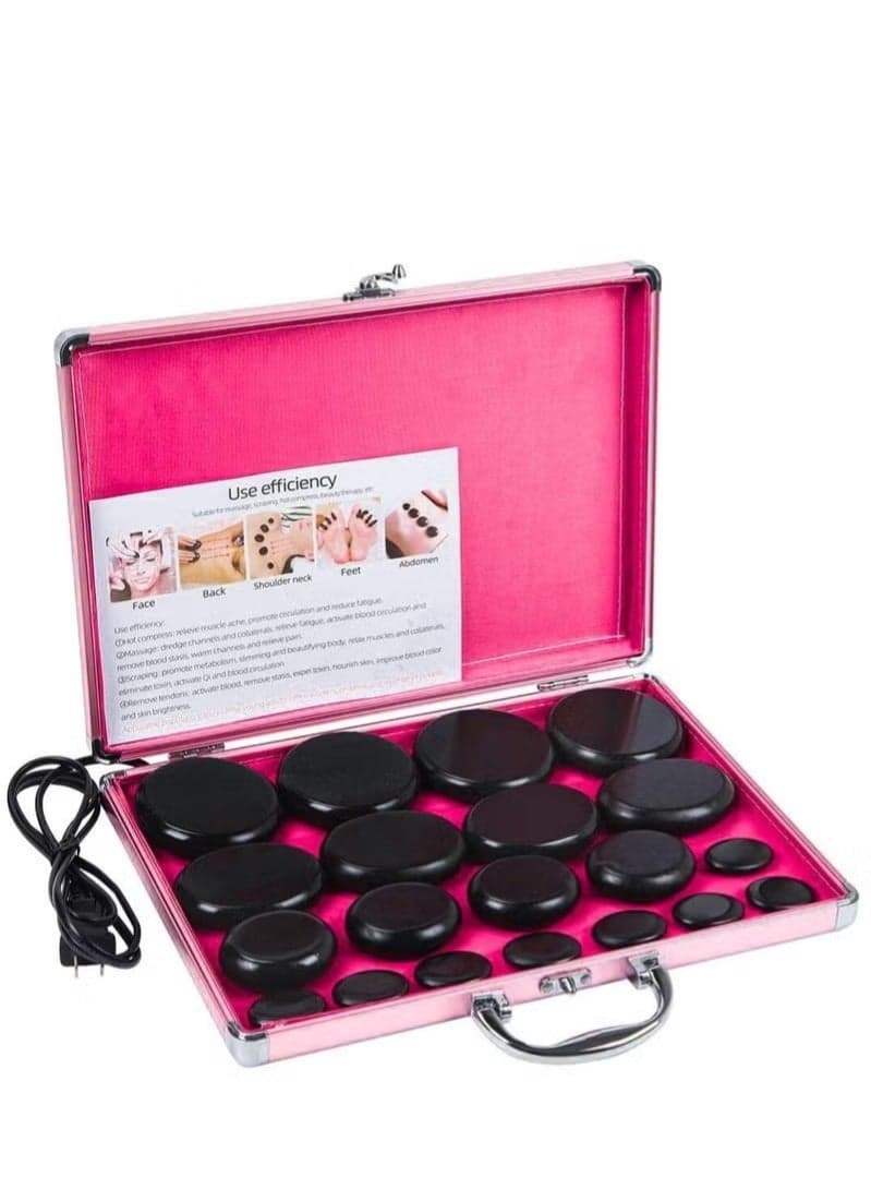 20-Piece Portable Soft Natural Basalt Hot Stone Set, Massage Stone Warmer with Heating Box for Spa and Therapy (UK Plug)