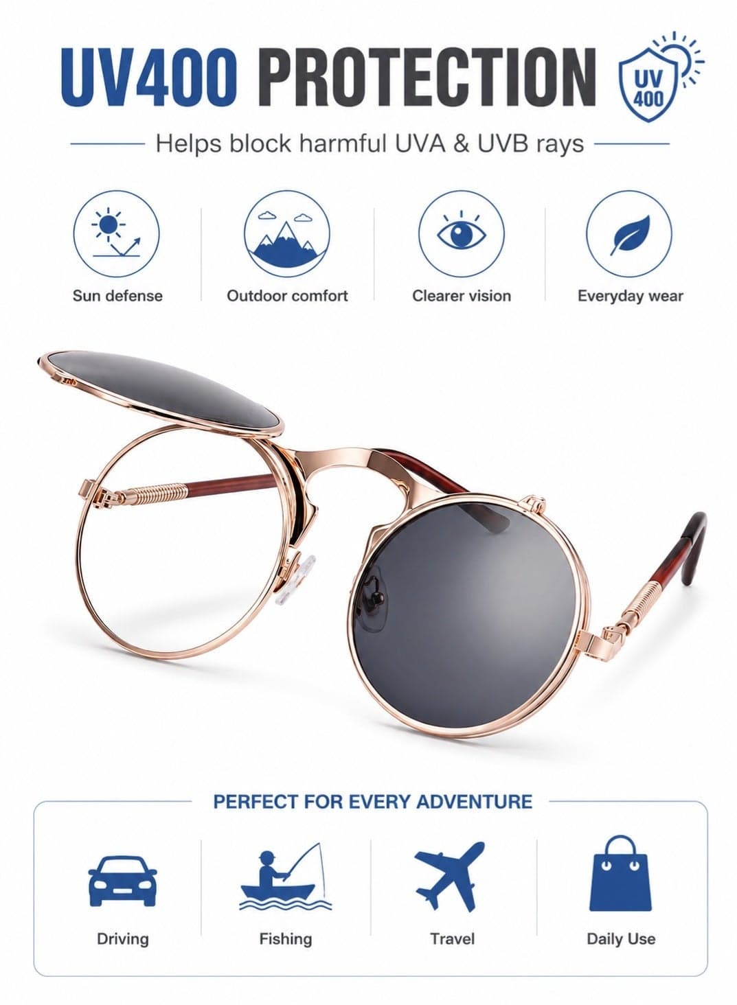 Polarized Vintage Round Flip Up Sunglasses for Women Men, UV400 Protection Sport Sunglasses with TR90 Frame, Spring Hinges for Driving Fishing