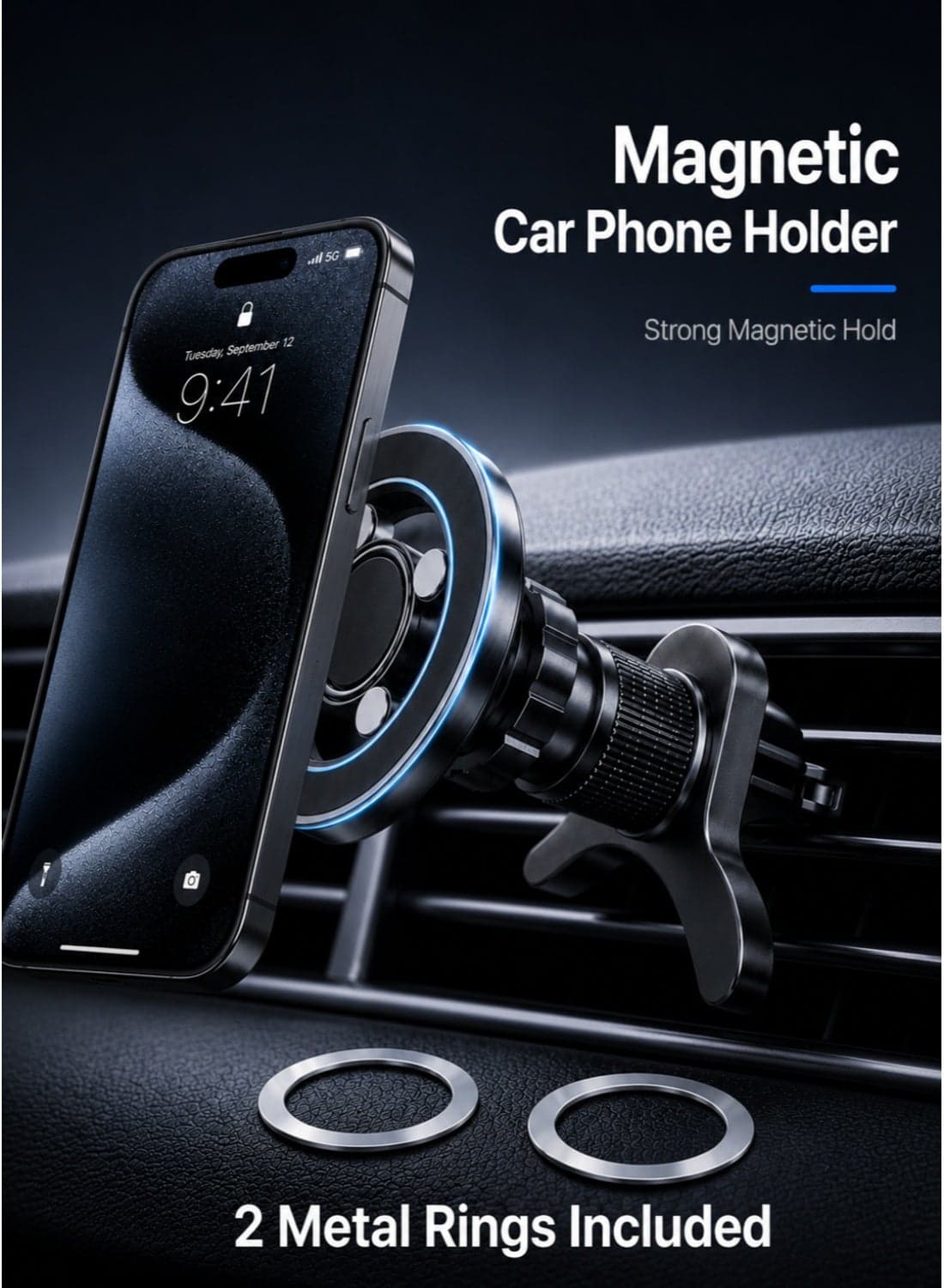 IKBEN Magnetic Car Phone Holder for Air Vent, MagSafe Car Mount with Metal Hook Lock, Strong N52 Magnets, 360° Rotation, One-Hand Use, 2 Metal Rings Included