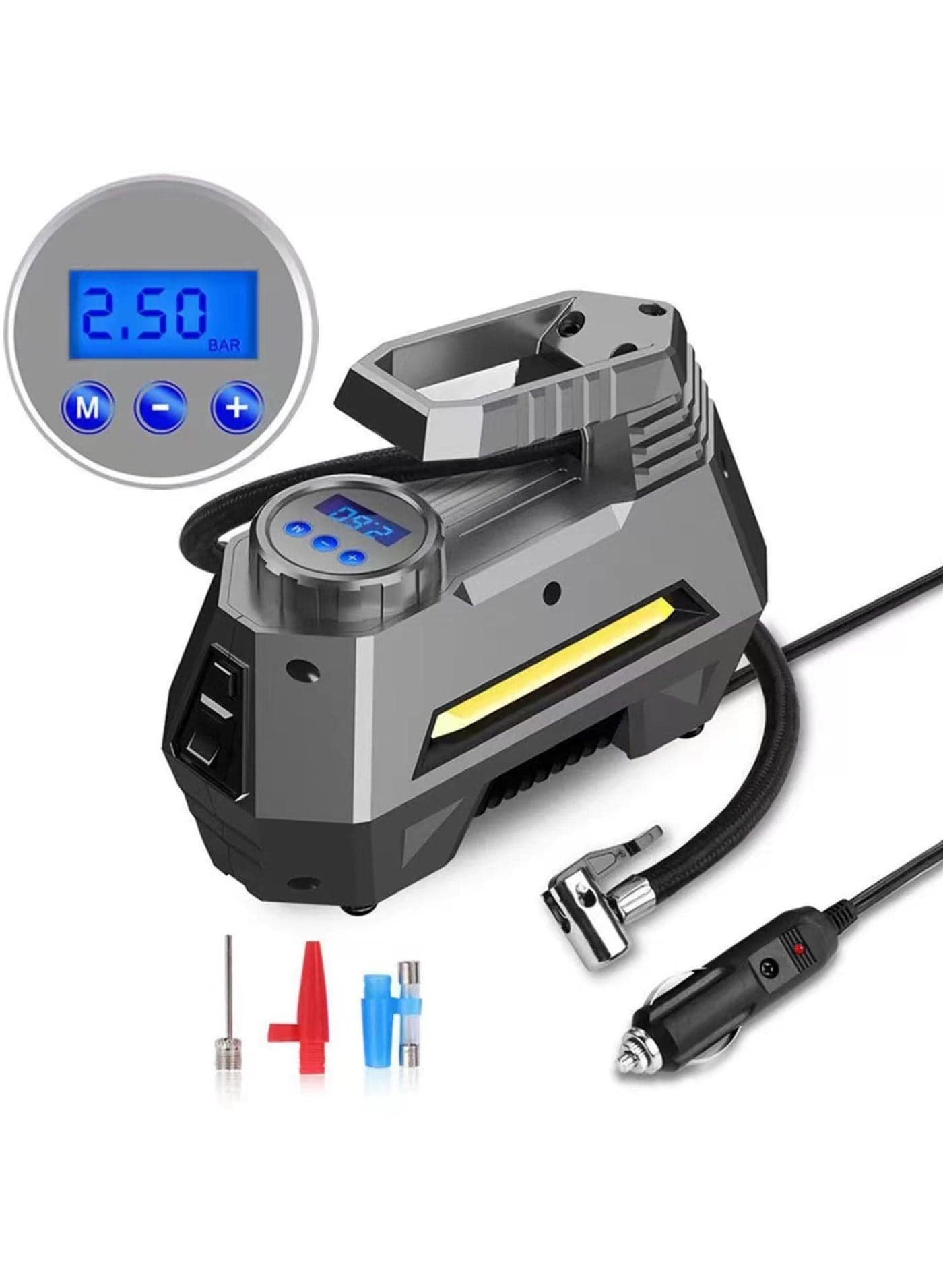 Tyre Inflator Air Compressor 12V, Portable Electric Car Tyre Pump with Tyre Pressure Gauge, Auto-Stop Car Air Pump with Valve Adaptors and LED Light, Car Accessories, Yellow