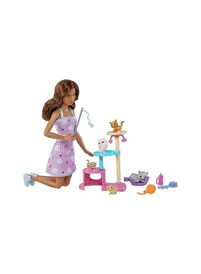 Kitty Condo™ Doll and Pets Playset Doll (Brunette), 1 Cat, 4 Kittens, Cat Tree & Accessories, Toy for 3 Year Olds & Up