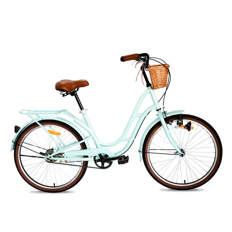 Florida Vintage 24-Inch City Bike For Women & Girls | 24 Inch Wheel Sizes | Simple Single-Speed Drivetrain | Durable Steel Step-Through Frame with Front Wicker Basket | Rear Carrier & Dynamo Headlight - Mint Green