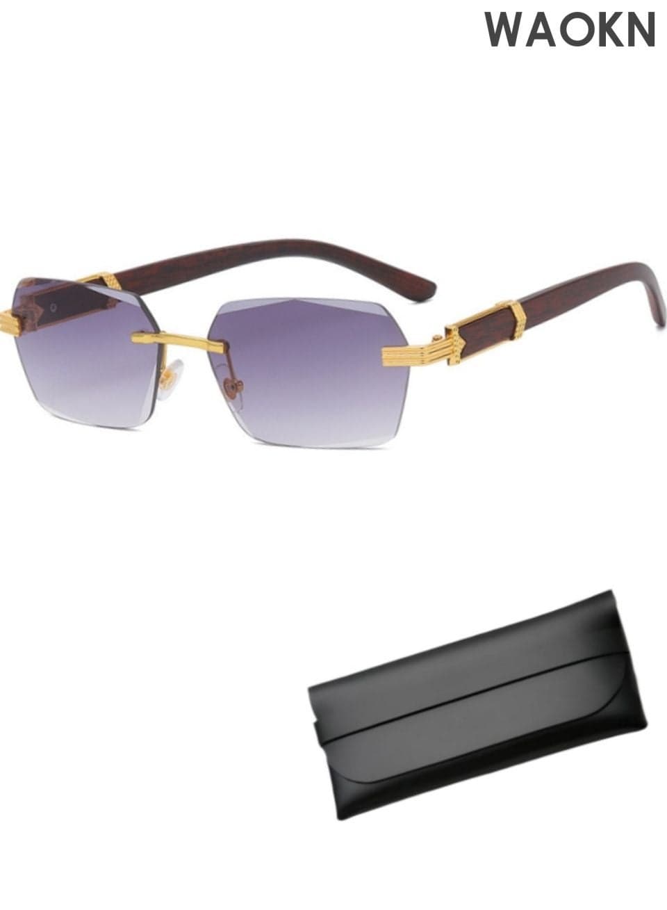 Retro Rimless Vintage Sunglasses,UV400 Protection Unisex Square Glasses for Men & Women,New wood grain leg metal sunglasses,Irregular square trendy sunglasses,Lightweight and portable, not easily deformed.