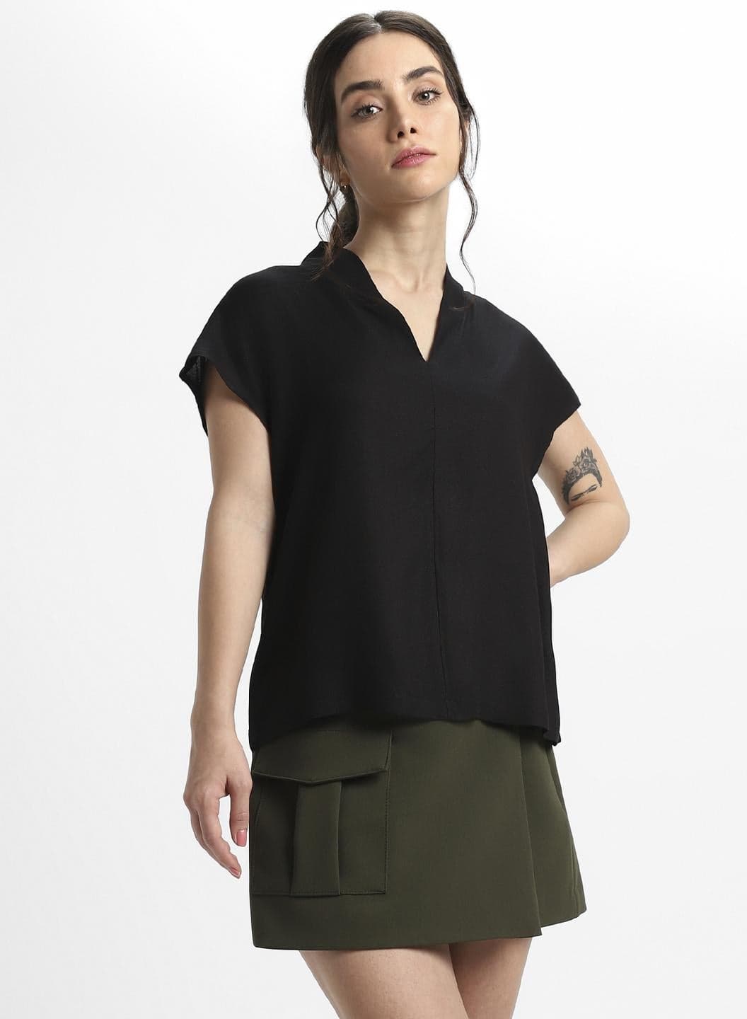 Black Viscose Moss Top for Women, Regular Fit