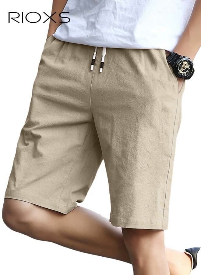 Men's Casual Shorts, Summer Breathable Elastic Waist Drawstring Shorts, Lightweight Comfortable Beach Shorts with Pockets, Fashion Stretch Quick-Dry Outdoor Sweat Shorts, Casual Classic Fit Workout Athletic Shorts for Running, Gym, Ball Sports, Khaki