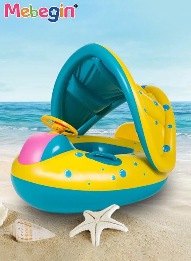 Baby Swimming Float with Sun Canopy and Steering Wheel, Inflatable Pool Float, Creative Float with Safety Seat, Comfortable Durable Floaty, Fun Water Toys for Kids, Suitable for Family Swimming Pools, Outdoor Trips, Lakes and Beaches