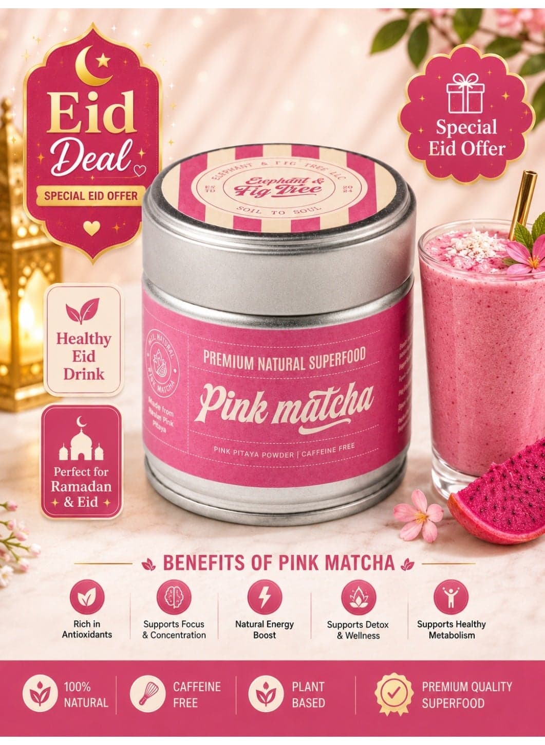 Elephant & Fig Tree Pink Matcha Powder 30g | Premium Natural Superfood Drink Mix Made from 100% Organic Pink Pitaya (Dragon Fruit) | Caffeine-Free Healthy Alternative | Antioxidant-Rich | Natural Energy Boost | Perfect for Smoothies, Lattes, Baking & Desserts