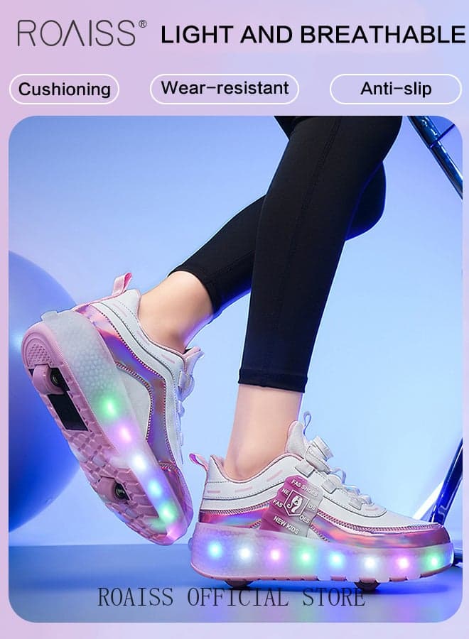 Kids Unisex Double Wheel Roller Skates Shoes, LED Light Multimode Adjustable Rechargeable Sneakers for Children Boys and Girls, Outdoors Luminous Shoes with Multifunction Detachable Roll Wheels Leisure Sports Pink