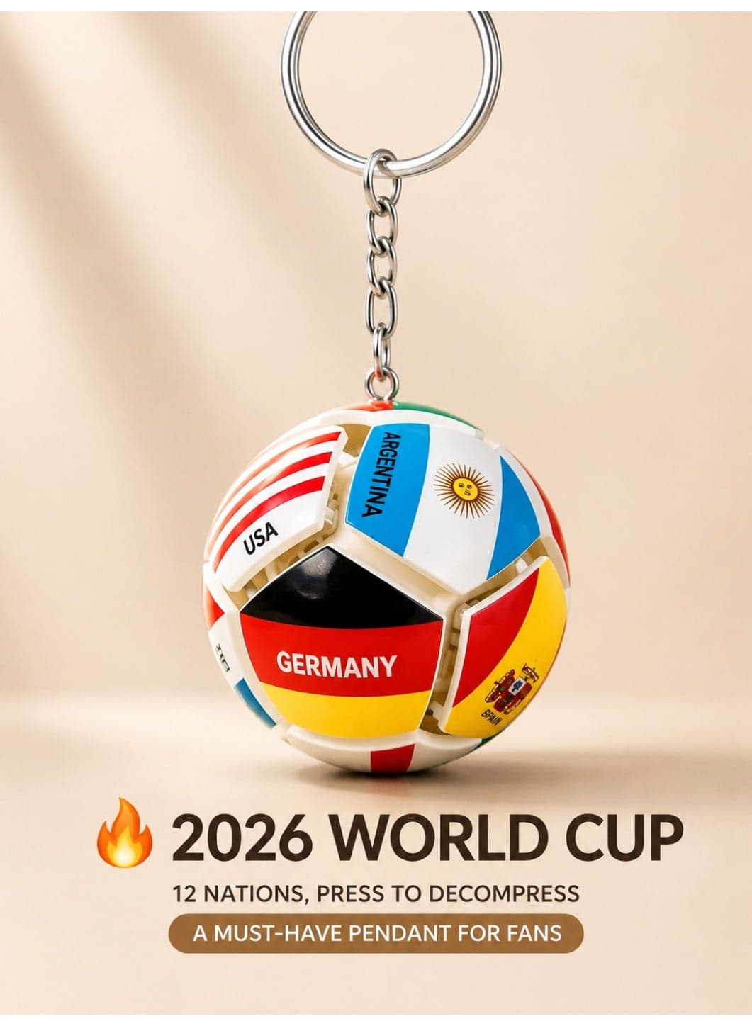 2026 Football Soccer Keychain with National Flags, Mechanical Push Button Key Ring, Backpack Charm, Sports Fan Souvenir Gift for Men, Kids & Football Lovers