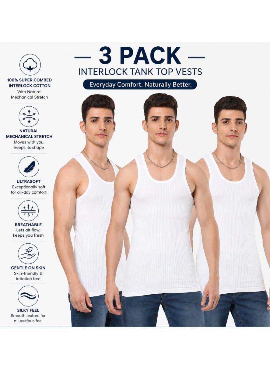 Platinum Collection Double-Knit 100% Cotton Mens Vest Undershirt Tank Top Ultrasoft Breathable Sleeveless Sando Pack of 3