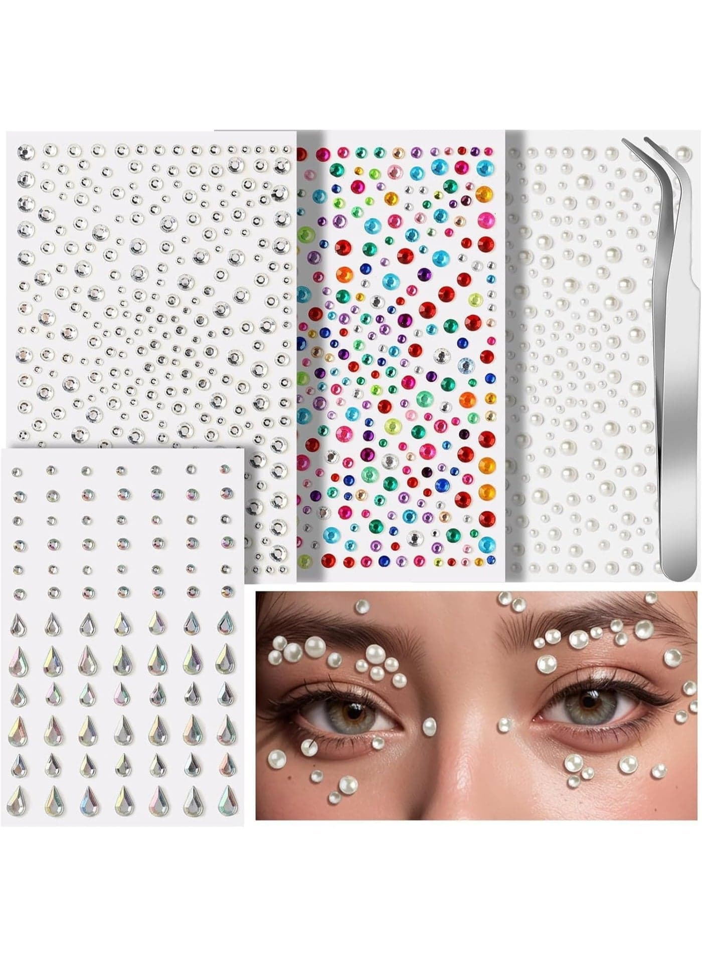 Self Adhesive Face Gems and Pearls for Makeup, Festival Jewels, Hair Gems, Rhinestone Stickers, Not Irritate Your Skin, Easy to Use, for Face, Eye, Makeup, Nail, Body, Crafts