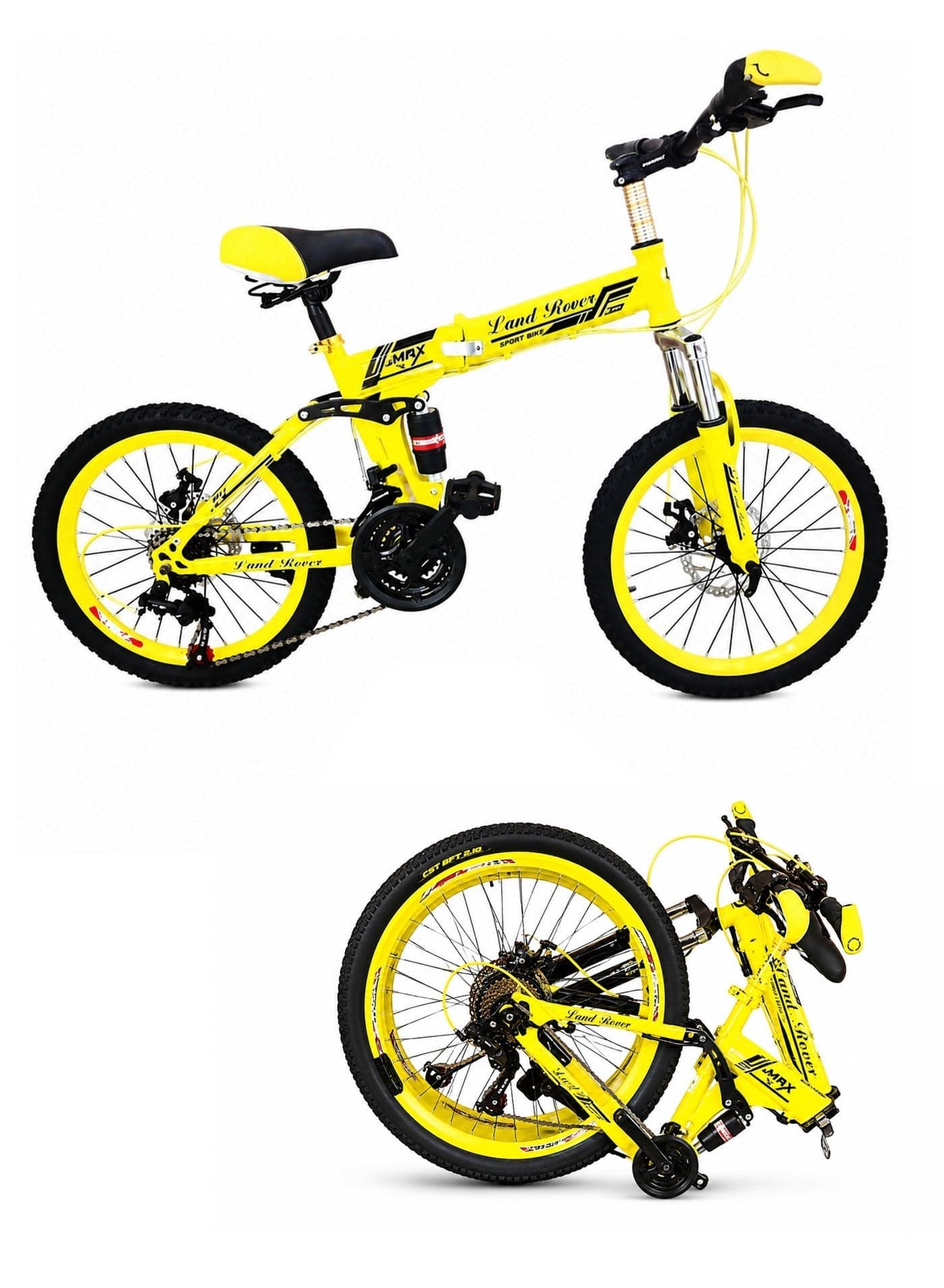 26-Inch Folding Bike | 26-Inch Wheel Size | Adjustable Seat | 21-Speed With Carbon Steel Frame | Front Suspension & Dual Disc Brakes | Yellow