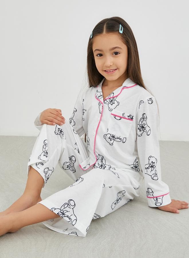 Printed Buttoned Shirt And Pyjama Set